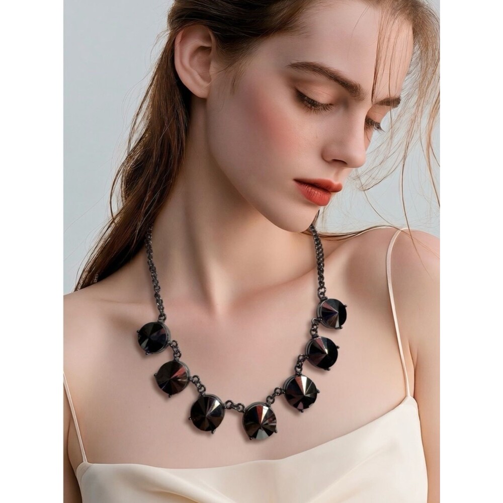 Gunmetal Faceted Disc Link Necklace - Women Jewelry